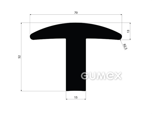 "T" Gummiprofil, 52x70/15mm, Länge 3200mm, 90°ShA, EPDM, ISO 3302-1 E2/L2,  -40°C/+100°C, schwarz, 